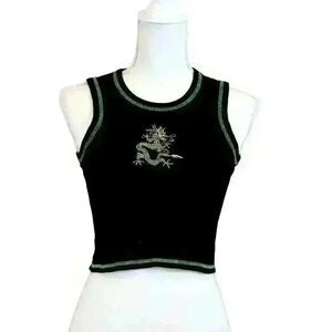 Brandy Melville Black and Green Embroidered Conor Dragon Cropped Tank Top SIze S